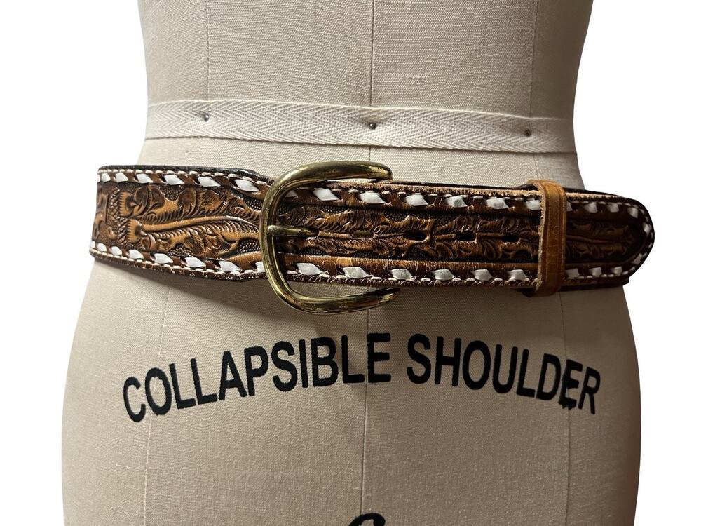 Vtg TONY LAMA 48747 Western Acorn Tooled Leather Belt NAME "Lula" SZ 34
